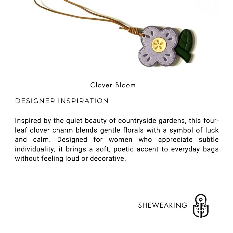 Four-Leaf Clover Leather Bag Charm – Handmade Full-Grain Leather Floral Pendant | Minimal Pastoral Style Handbag Accessory | Lucky Gift for Her