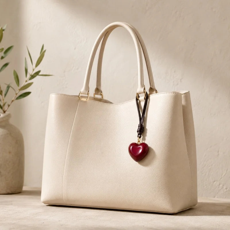 Dije para bolso de cuero con forma de corazón rojo pulido a mano – Colgante de cuero flor esculpido | Accesorio minimalista de lujo para bolso | Regalo elegante para ella