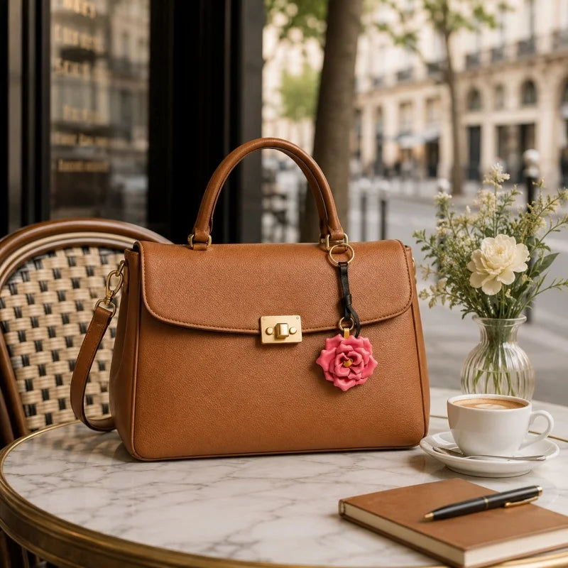 Colgante de cuero artesanal con rosa en flor para bolso – Colgante floral 3D de piel de vaca de grano completo | Elegante accesorio para bolso inspirado en el campo