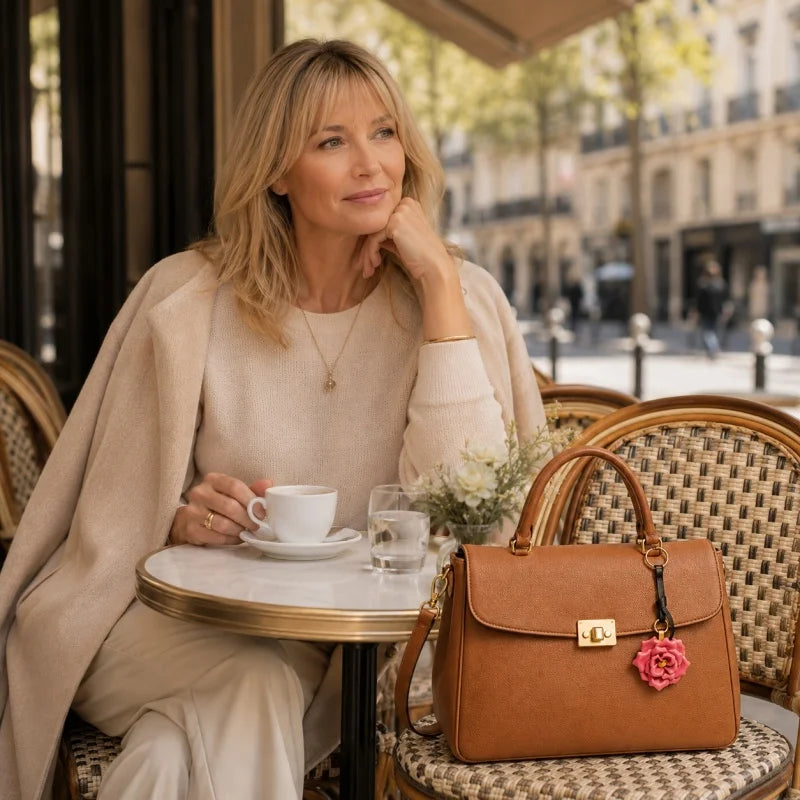 Colgante de cuero artesanal con rosa en flor para bolso – Colgante floral 3D de piel de vaca de grano completo | Elegante accesorio para bolso inspirado en el campo