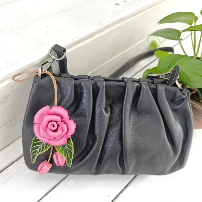 Romantic Rose Leather Bag Charm – Handmade Full-Grain Leather Flower Pendant | Artisan Floral Keychain for Couples & Friends | Elegant Ins-Style Gift Accessory