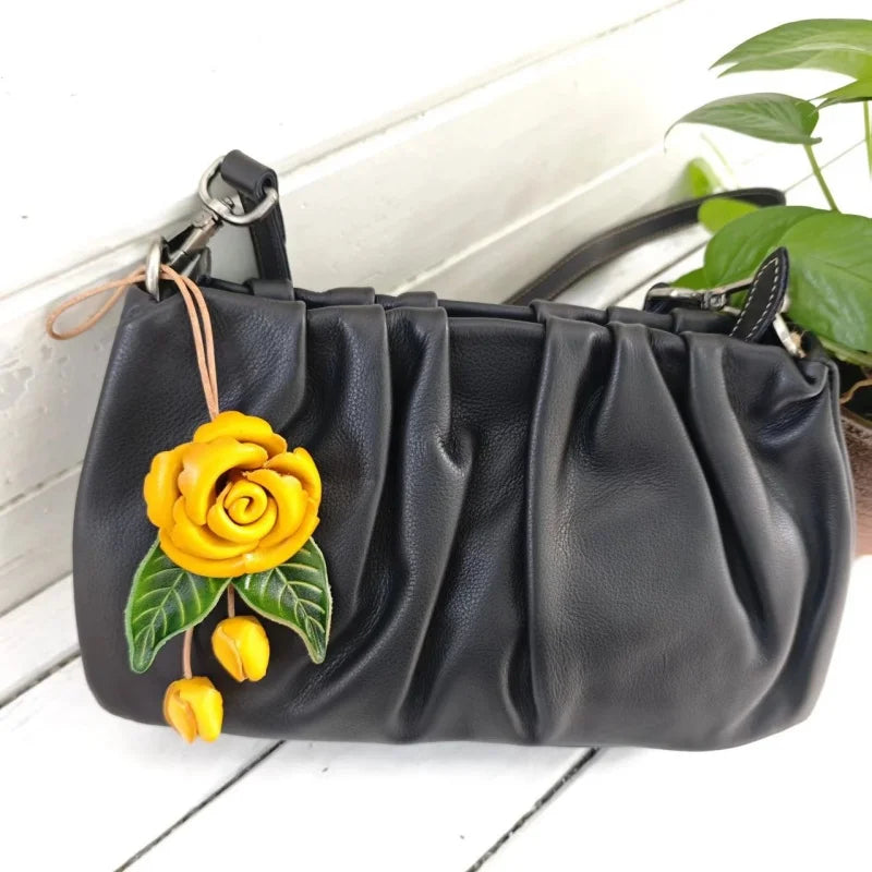 Romantic Rose Leather Bag Charm – Handmade Full-Grain Leather Flower Pendant | Artisan Floral Keychain for Couples & Friends | Elegant Ins-Style Gift Accessory