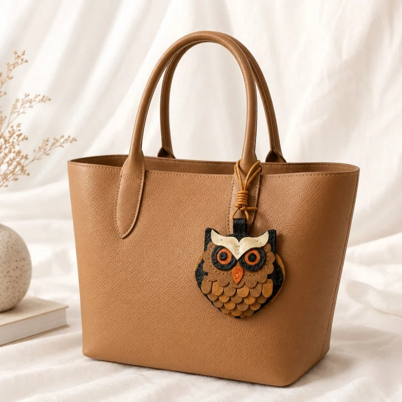 Vintage-Style Leather Owl Bag Charm – Handmade Multilayer Full-Grain Leather Pendant Keychain | Cute Animal-Inspired Accessory | Gift for Couples & Friends