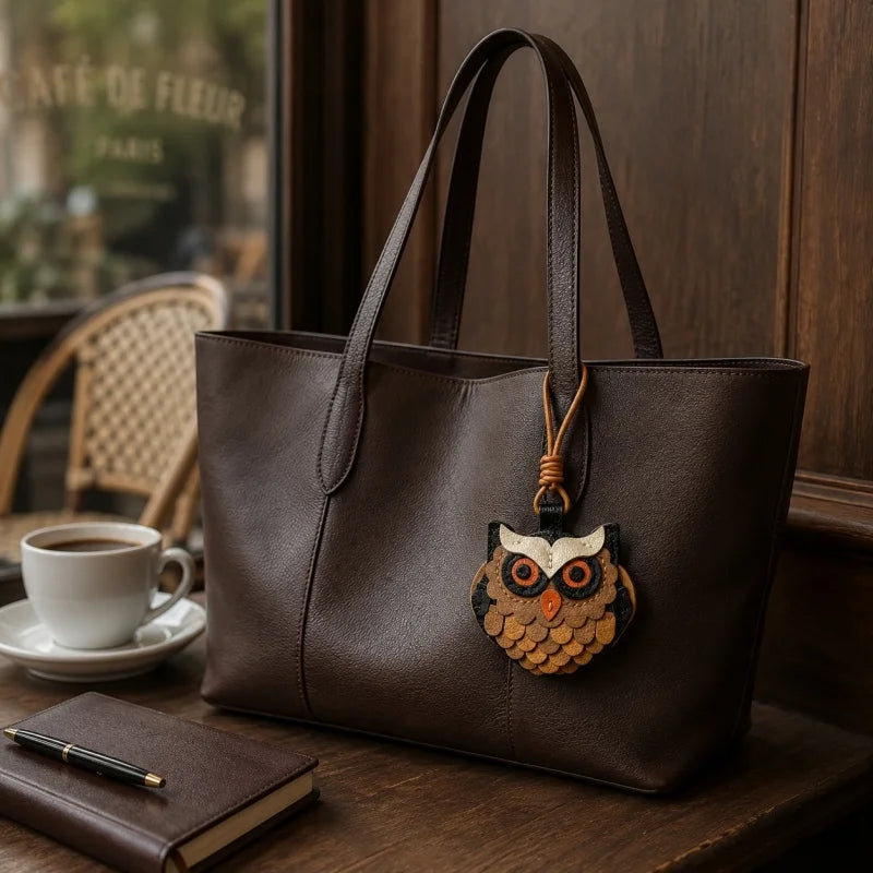 Vintage-Style Leather Owl Bag Charm – Handmade Multilayer Full-Grain Leather Pendant Keychain | Cute Animal-Inspired Accessory | Gift for Couples & Friends