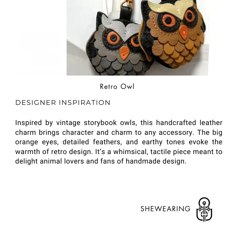 Vintage-Style Leather Owl Bag Charm – Handmade Multilayer Full-Grain Leather Pendant Keychain | Cute Animal-Inspired Accessory | Gift for Couples & Friends