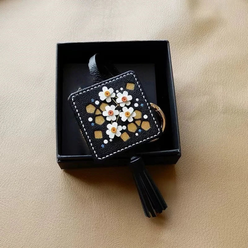 Original Design Hand-Embroidered Floral Tassel Bag Charm | Premium French Lambskin Leather Key Fob | Sophisticated Accessory Gift for Her