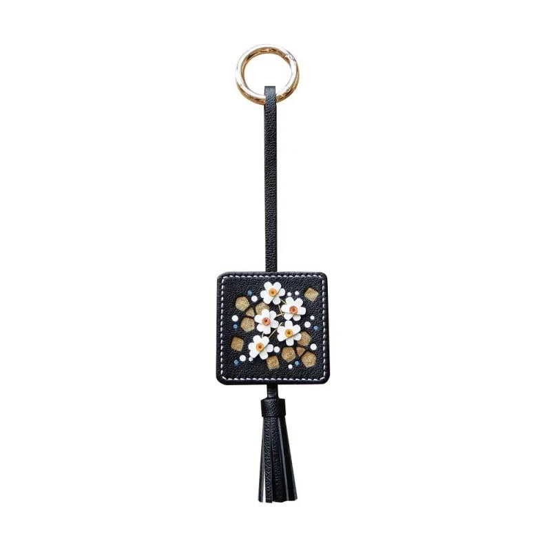 Original Design Hand-Embroidered Floral Tassel Bag Charm | Premium French Lambskin Leather Key Fob | Sophisticated Accessory Gift for Her