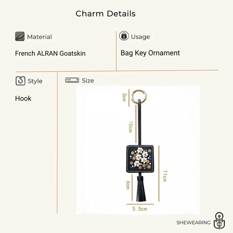Original Design Hand-Embroidered Floral Tassel Bag Charm | Premium French Lambskin Leather Key Fob | Sophisticated Accessory Gift for Her