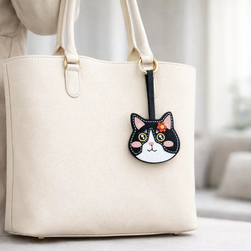Playful Cat Leather Bag Charm – Handcrafted Lambskin Color-Block Keychain | Cute Yet Elegant Handbag Accessory | Artisan Animal Charm Gift for Her
