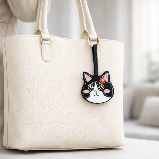 Playful Cat Leather Bag Charm – Handcrafted Lambskin Color-Block Keychain | Cute Yet Elegant Handbag Accessory | Artisan Animal Charm Gift for Her