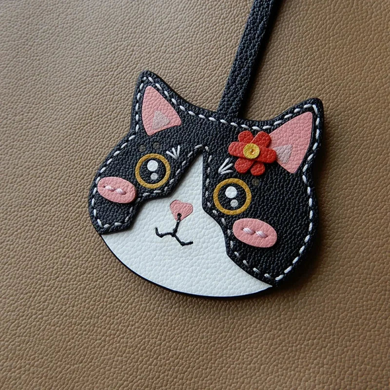 Playful Cat Leather Bag Charm – Handcrafted Lambskin Color-Block Keychain | Cute Yet Elegant Handbag Accessory | Artisan Animal Charm Gift for Her