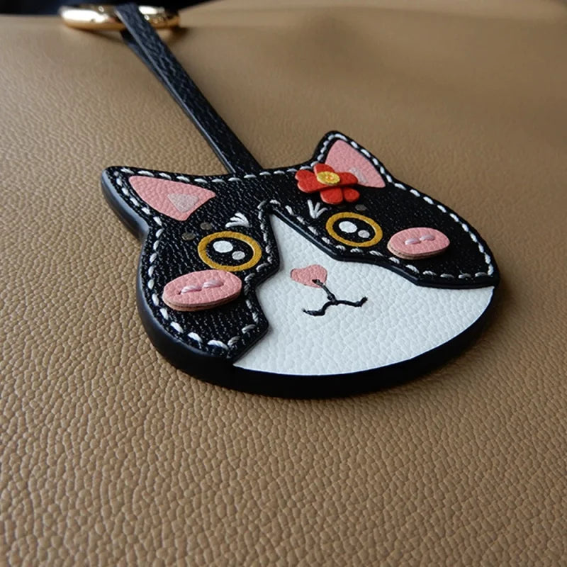 Playful Cat Leather Bag Charm – Handcrafted Lambskin Color-Block Keychain | Cute Yet Elegant Handbag Accessory | Artisan Animal Charm Gift for Her