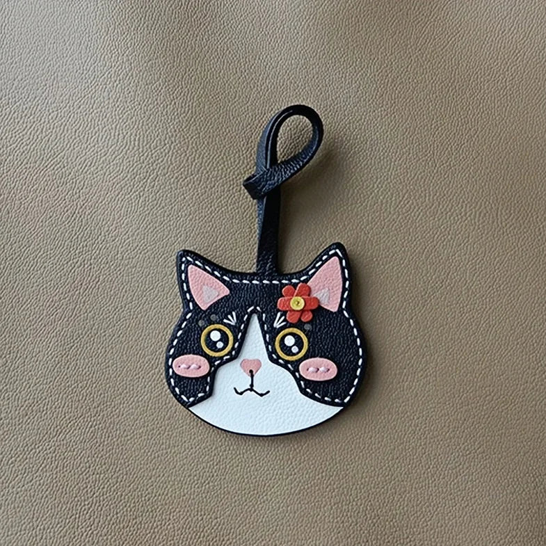 Playful Cat Leather Bag Charm – Handcrafted Lambskin Color-Block Keychain | Cute Yet Elegant Handbag Accessory | Artisan Animal Charm Gift for Her