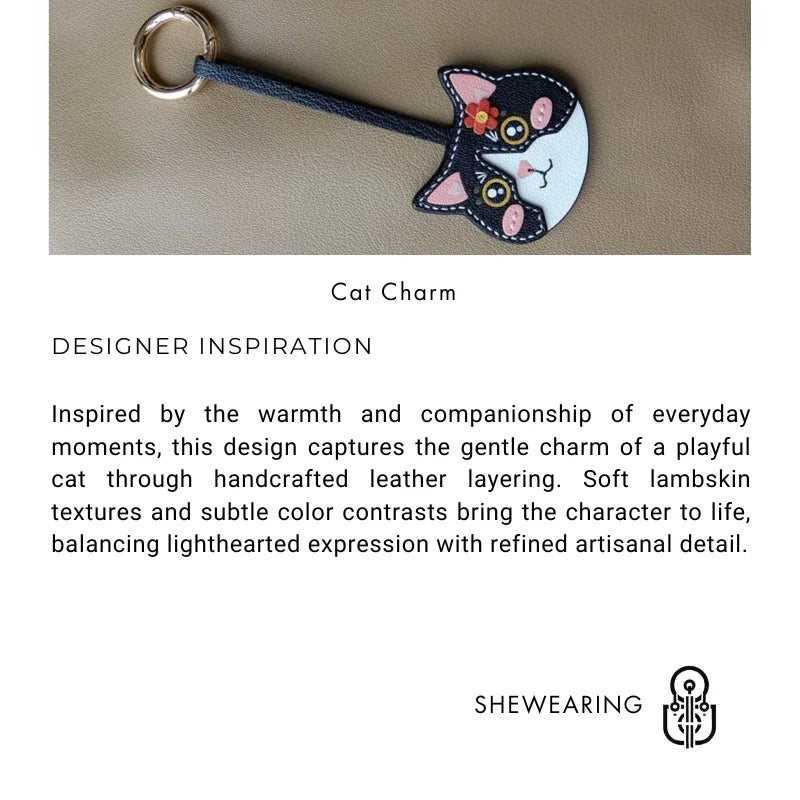 Playful Cat Leather Bag Charm – Handcrafted Lambskin Color-Block Keychain | Cute Yet Elegant Handbag Accessory | Artisan Animal Charm Gift for Her