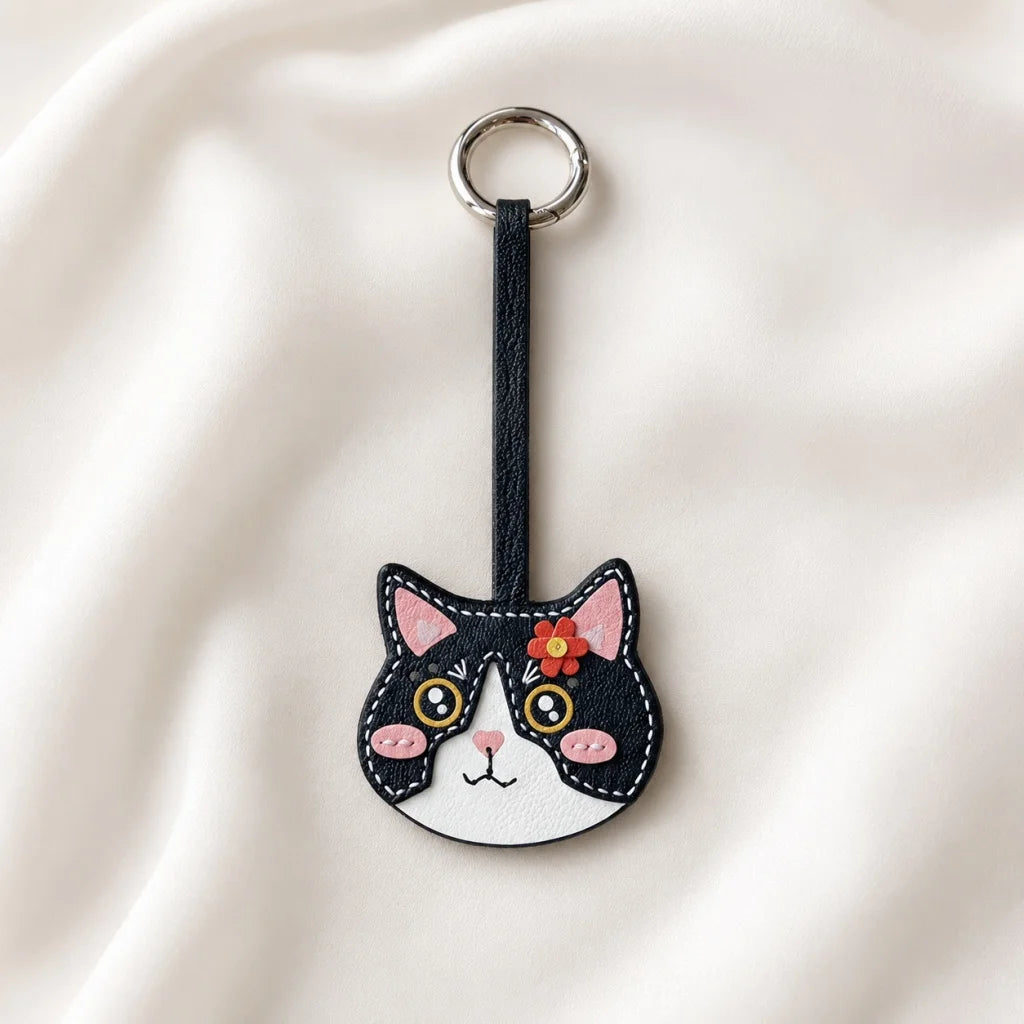 Playful Cat Leather Bag Charm – Handcrafted Lambskin Color-Block Keychain | Cute Yet Elegant Handbag Accessory | Artisan Animal Charm Gift for Her