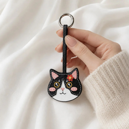 Colgante de gato juguetón de cuero para bolso – Llavero de piel de cordero hecho a mano con bloques de color | Accesorio de bolso lindo pero elegante | Regalo de dije artesanal de animal para ella