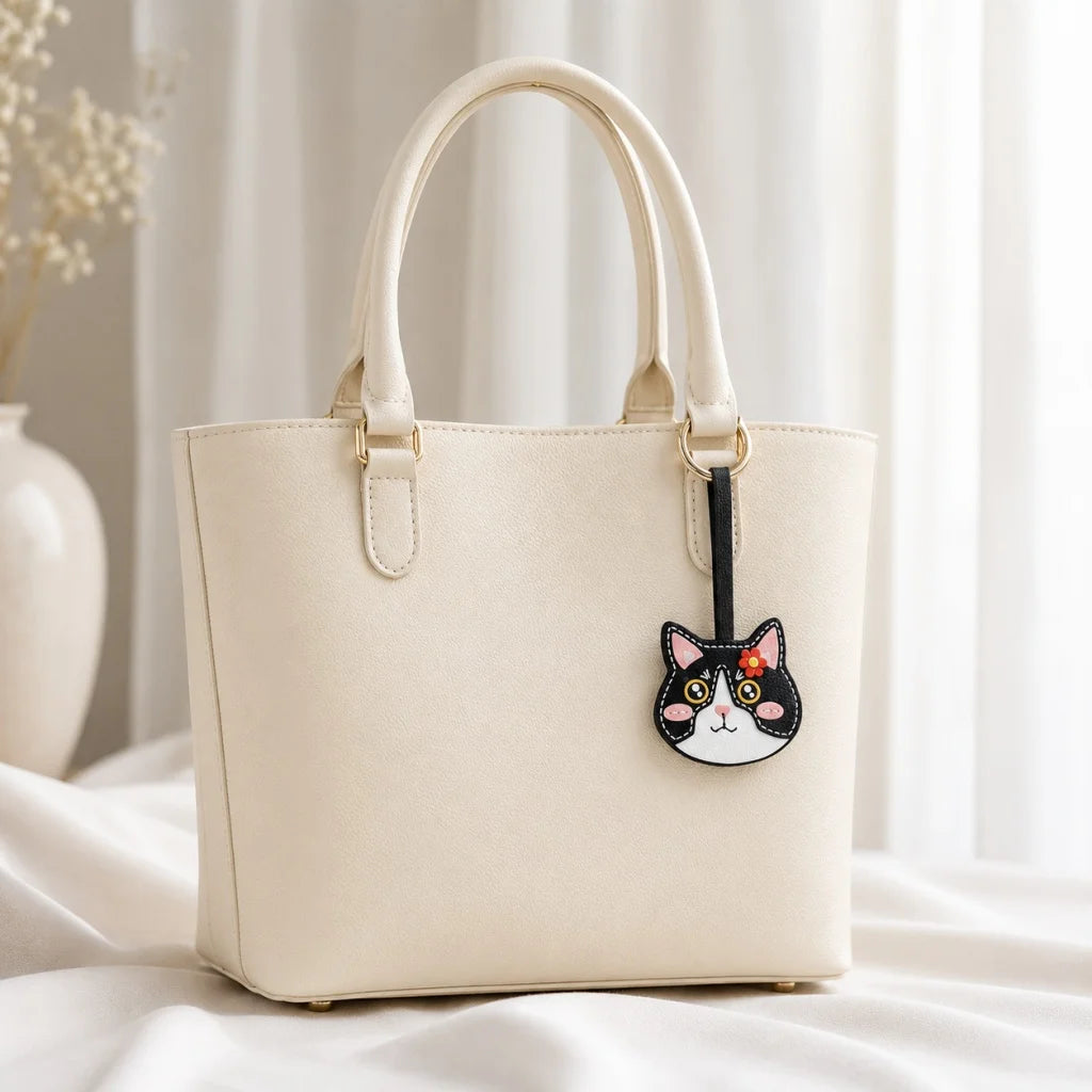 Playful Cat Leather Bag Charm – Handcrafted Lambskin Color-Block Keychain | Cute Yet Elegant Handbag Accessory | Artisan Animal Charm Gift for Her