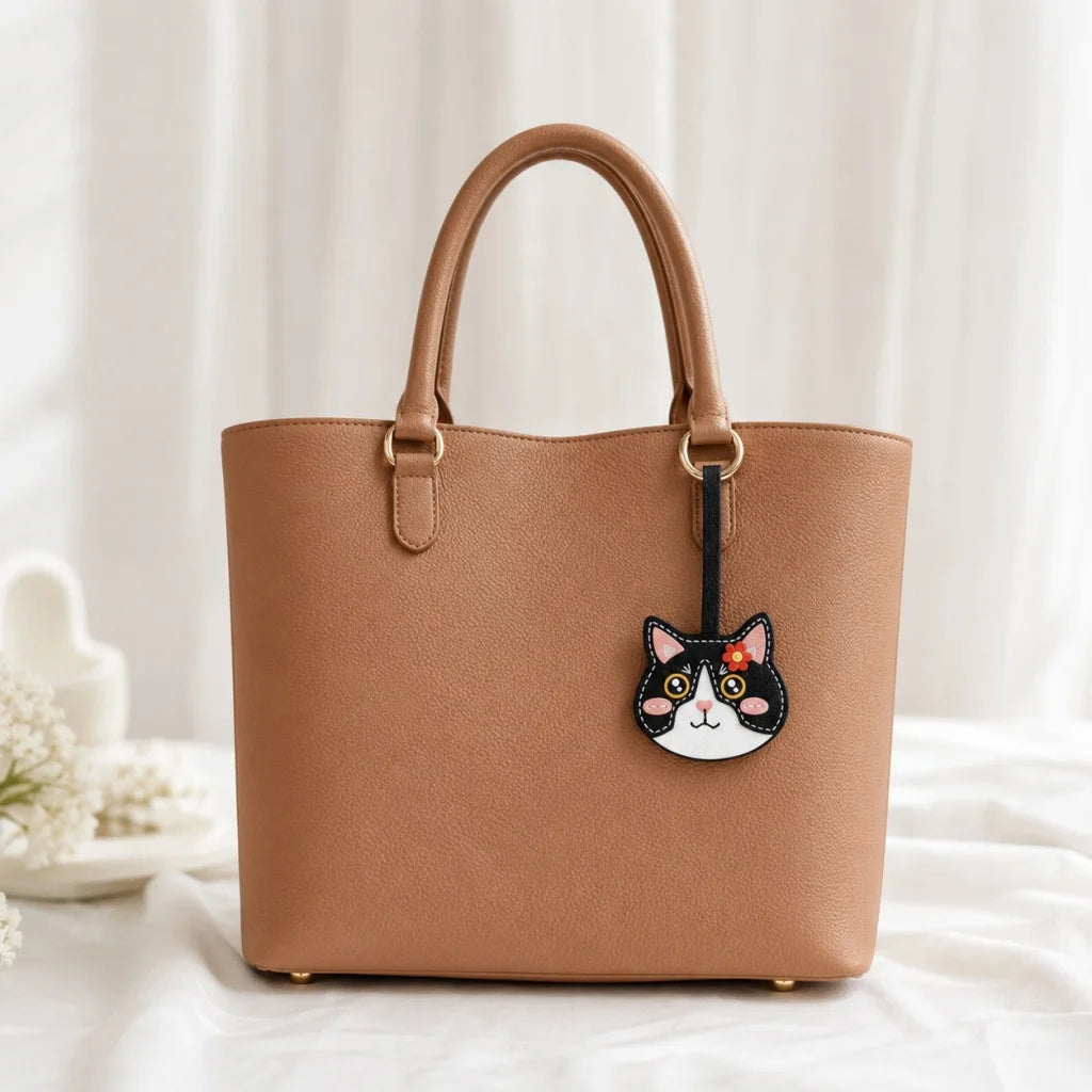 Playful Cat Leather Bag Charm – Handcrafted Lambskin Color-Block Keychain | Cute Yet Elegant Handbag Accessory | Artisan Animal Charm Gift for Her