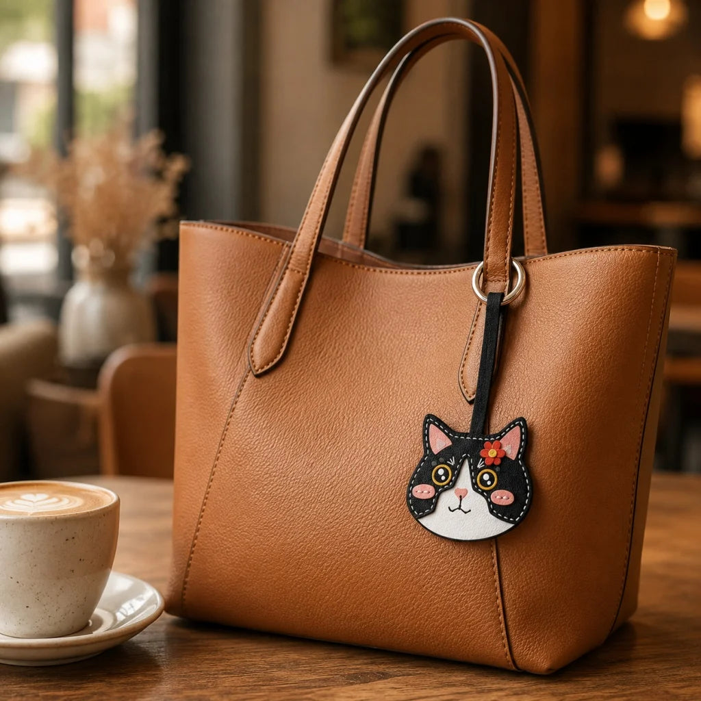 Playful Cat Leather Bag Charm – Handcrafted Lambskin Color-Block Keychain | Cute Yet Elegant Handbag Accessory | Artisan Animal Charm Gift for Her