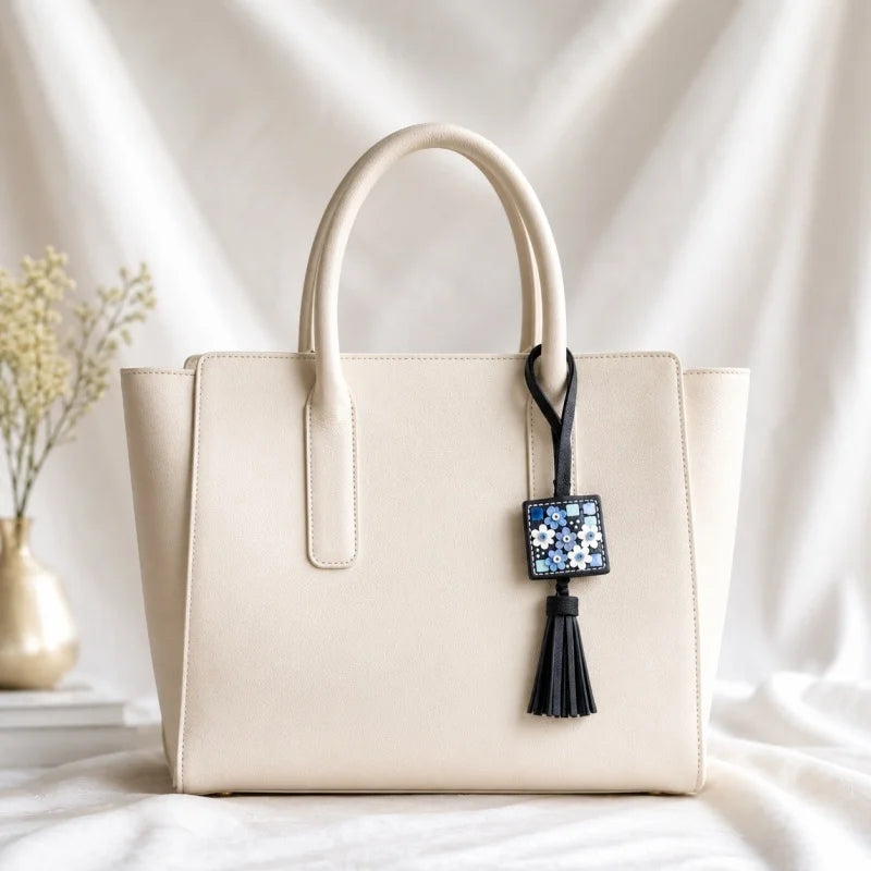 Nordic Mosaic Floral Leather Bag Charm – Handmade Full-Grain Leather Tassel Keychain | Elegant Artisan Pendant for Handbags | Gift for Her
