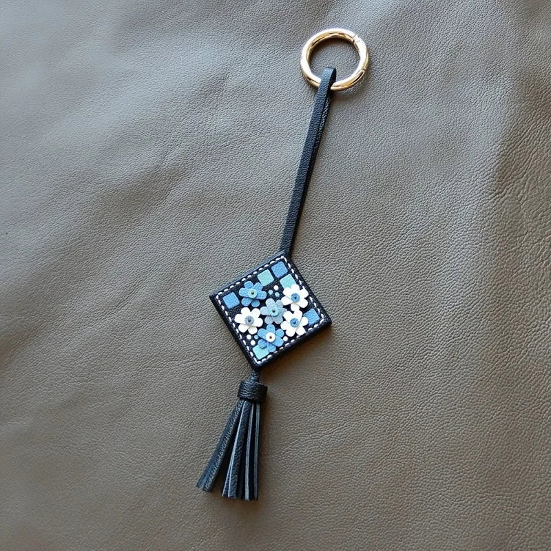 Nordic Mosaic Floral Leather Bag Charm – Handmade Full-Grain Leather Tassel Keychain | Elegant Artisan Pendant for Handbags | Gift for Her