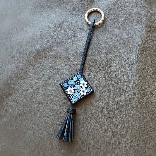 Nordic Mosaic Floral Leather Bag Charm – Handmade Full-Grain Leather Tassel Keychain | Elegant Artisan Pendant for Handbags | Gift for Her