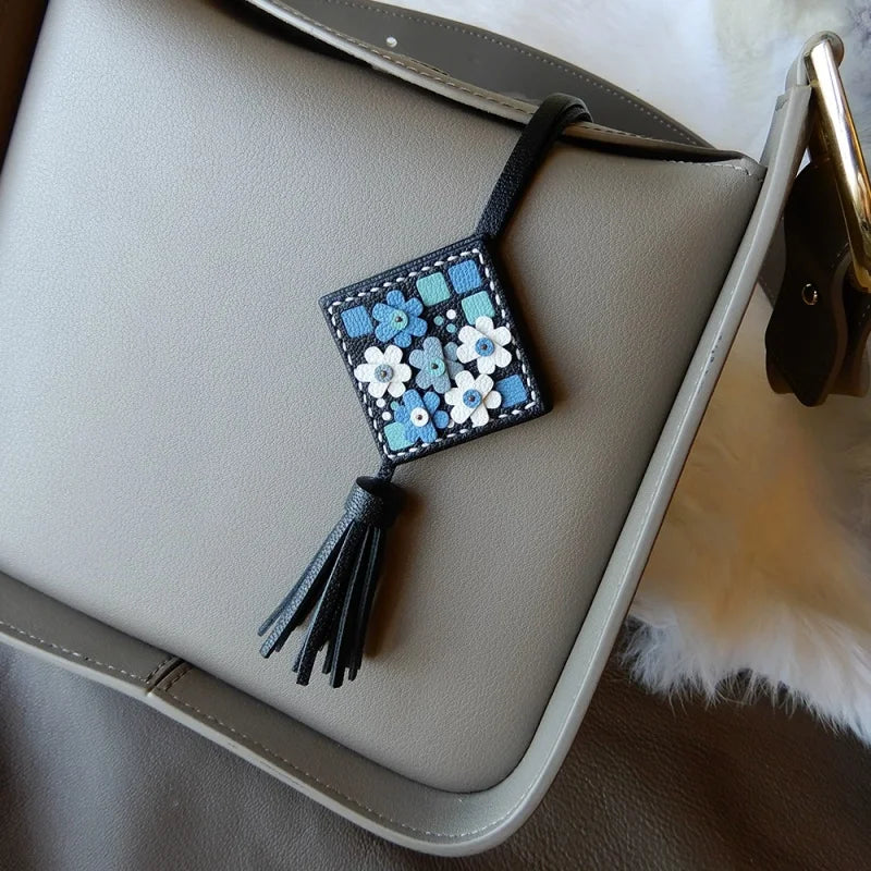 Nordic Mosaic Floral Leather Bag Charm – Handmade Full-Grain Leather Tassel Keychain | Elegant Artisan Pendant for Handbags | Gift for Her
