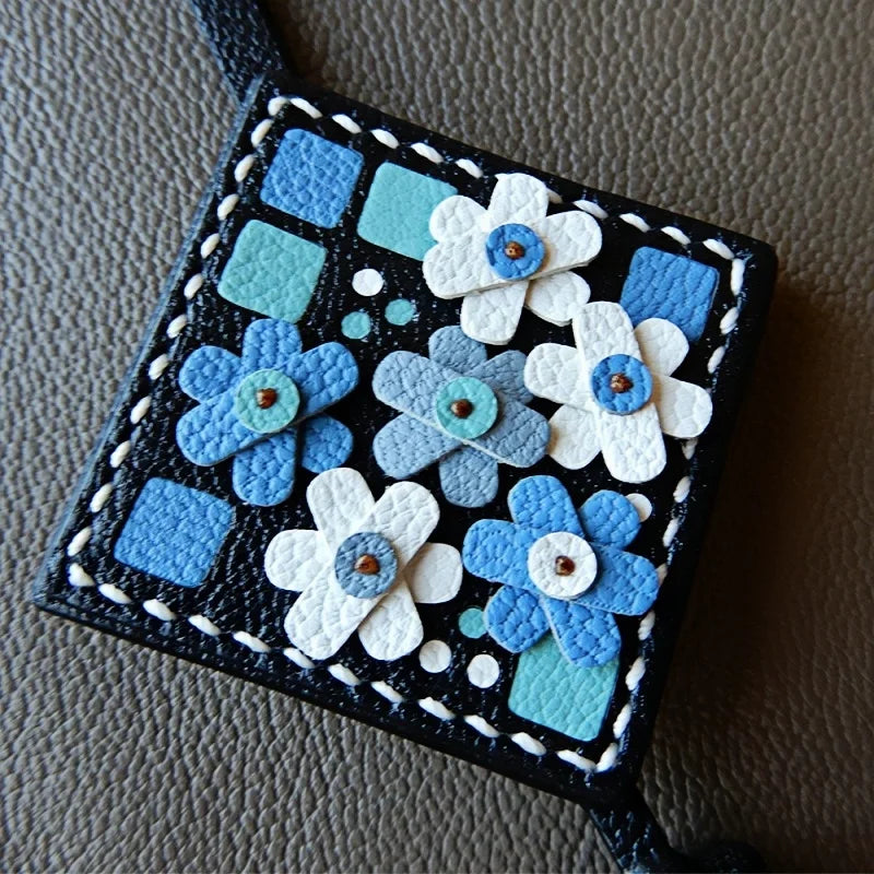 Nordic Mosaic Floral Leather Bag Charm – Handmade Full-Grain Leather Tassel Keychain | Elegant Artisan Pendant for Handbags | Gift for Her