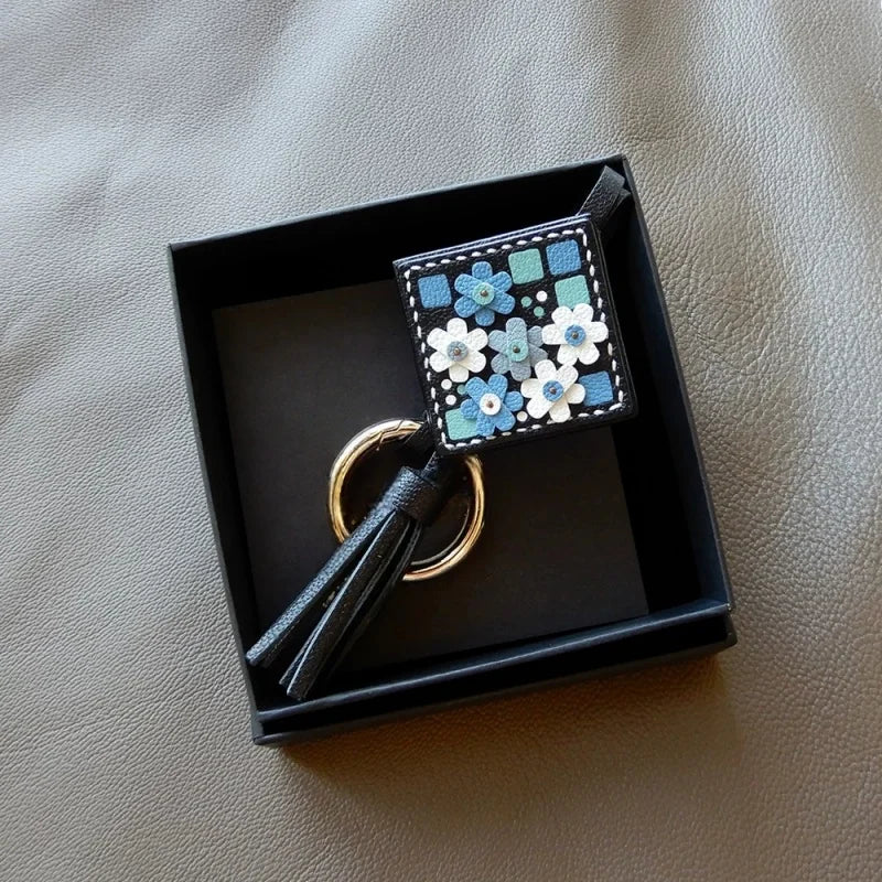 Nordic Mosaic Floral Leather Bag Charm – Handmade Full-Grain Leather Tassel Keychain | Elegant Artisan Pendant for Handbags | Gift for Her