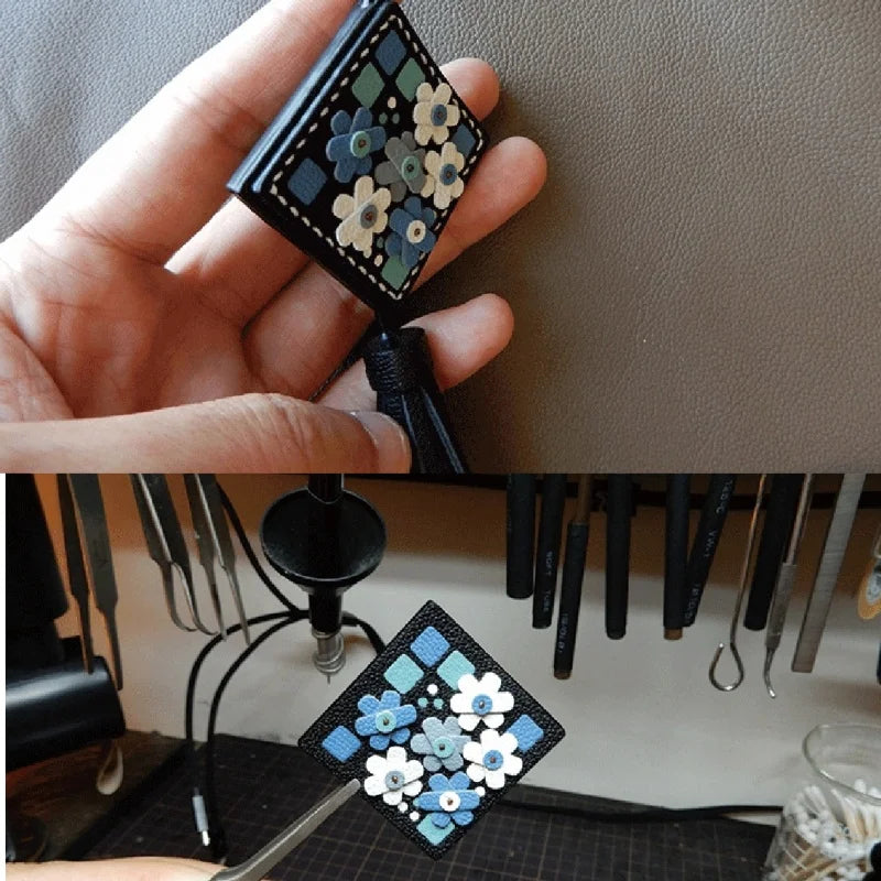 Nordic Mosaic Floral Leather Bag Charm – Handmade Full-Grain Leather Tassel Keychain | Elegant Artisan Pendant for Handbags | Gift for Her