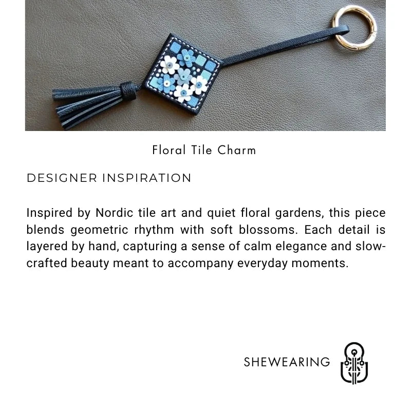 Nordic Mosaic Floral Leather Bag Charm – Handmade Full-Grain Leather Tassel Keychain | Elegant Artisan Pendant for Handbags | Gift for Her