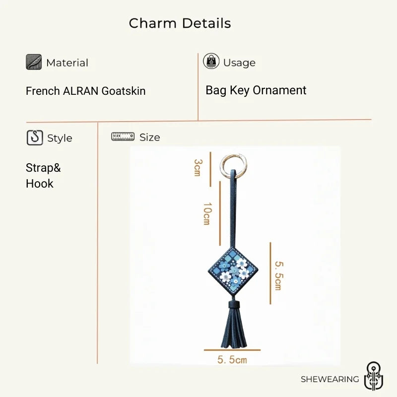 Nordic Mosaic Floral Leather Bag Charm – Handmade Full-Grain Leather Tassel Keychain | Elegant Artisan Pendant for Handbags | Gift for Her