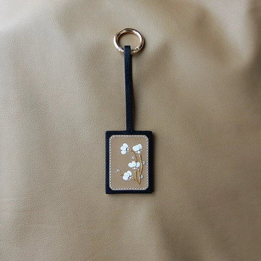 Jade Orchid Leather Bag Charm – Handmade Full-Grain Leather Tag Pendant | Elegant Minimalist Handbag Accessory Keychain | Gift for Her