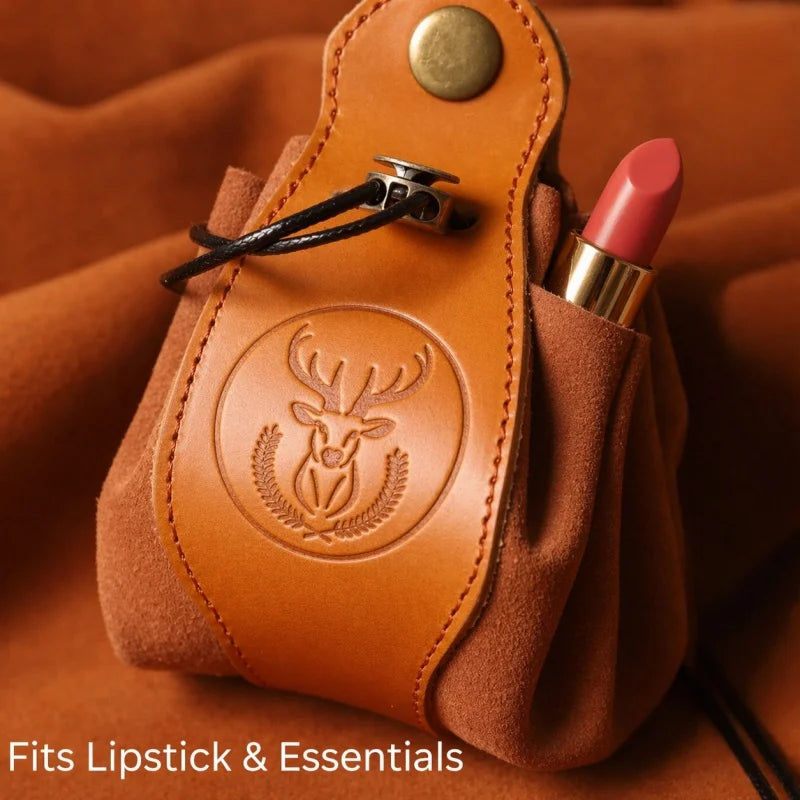Colgante de lápiz labial de cuero con emblema de ciervo – Estuche de cuero de plena flor hecho a mano | Mini estuche rústico para lápiz labial y artículos esenciales | Regalo para ella