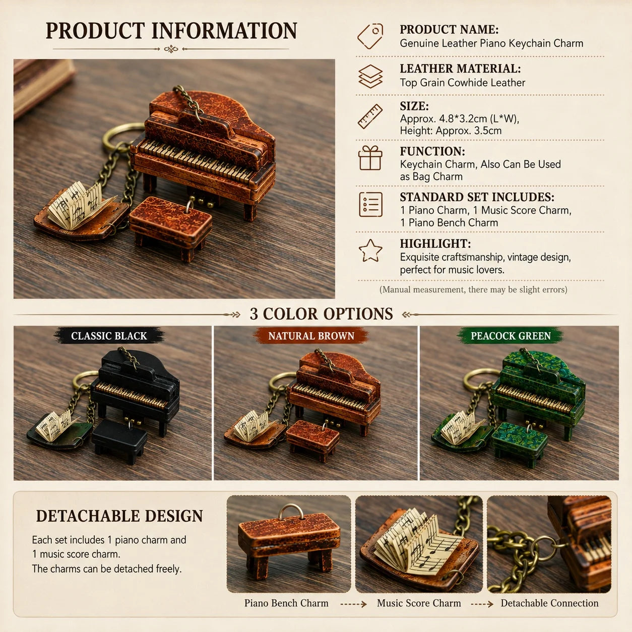 Unique Handcrafted Top-Grain Cowhide Leather Mini Piano Bag Charm – Vintage Music Keychain Purse Accessory, Gift for Her