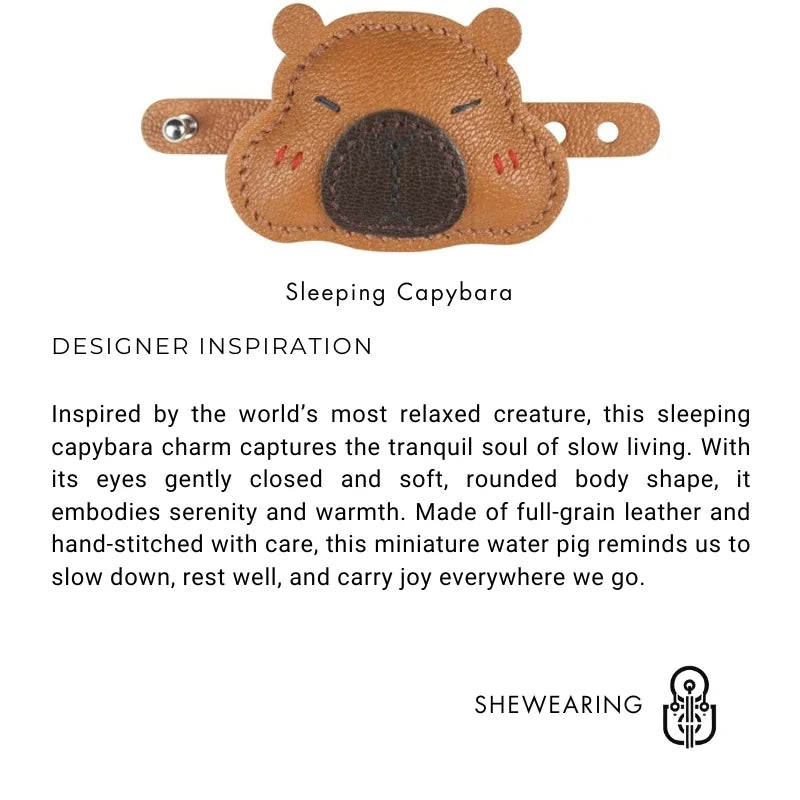 Sleeping Capybara Leather Bag Charm – Handcrafted Premium Animal Pendant in Soft Brown | Lazy Water Pig Keychain | Playful & Luxurious Bag Accessory