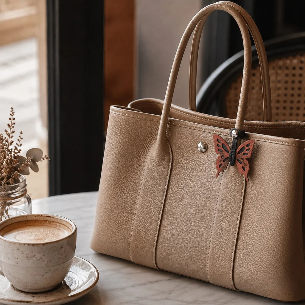 Dije de mariposa danzante para bolso de cuero – Elegante colgante de insecto hecho a mano | Elegante accesorio de piel de vaca | Regalo original para mujer