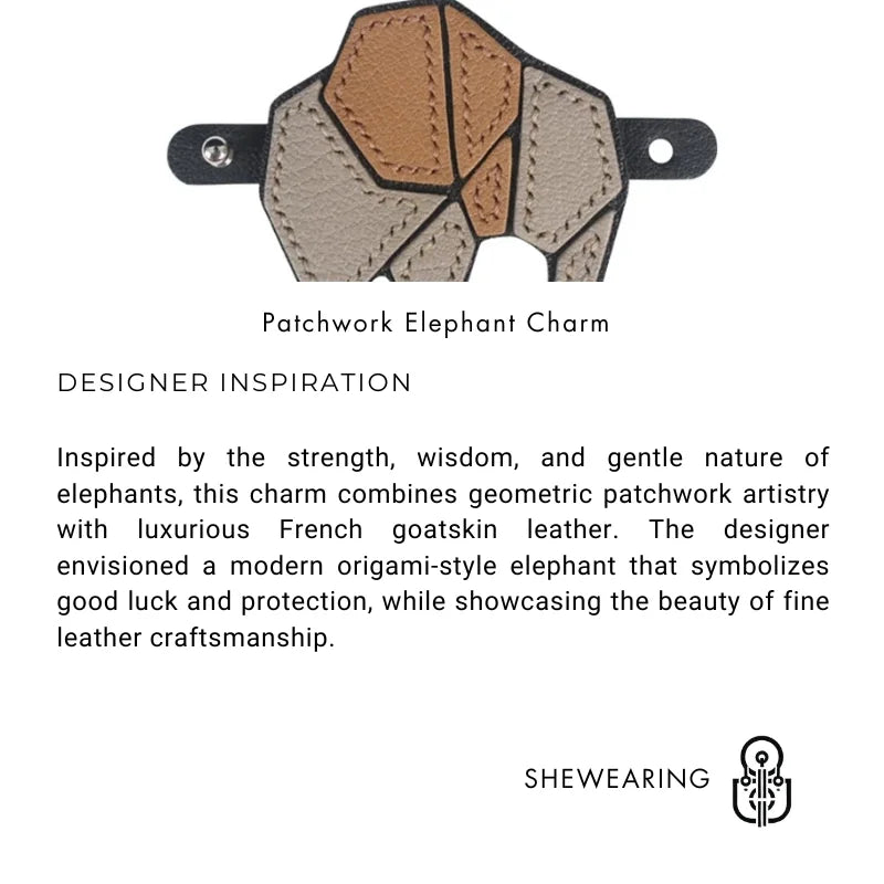 Handcrafted Leather Patchwork Elephant Bag Charm – French Goatskin Luxury Accent