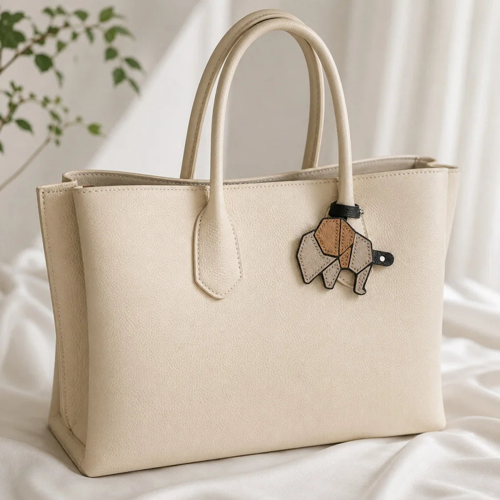 Charm de elefante para bolso, hecho a mano con patchwork de cuero y detalles de lujo de piel de cabra francesa.