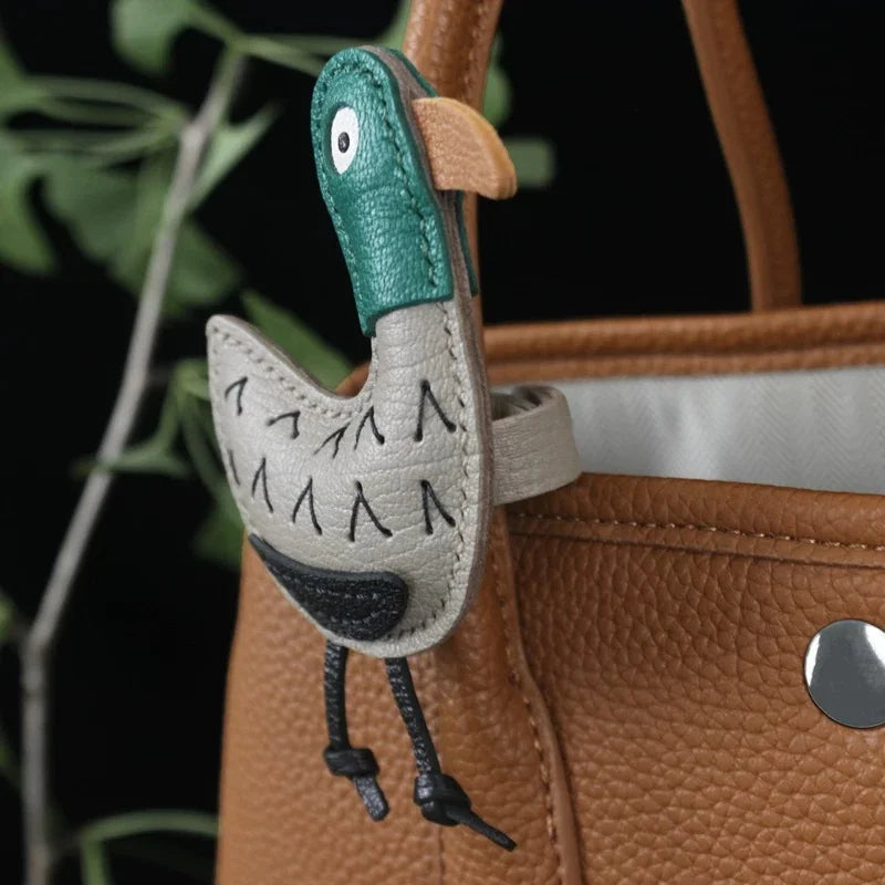 Lazy Duck Leather Bag Charm – Handmade Full-Grain Leather Pendant | Whimsical Duck Keychain for Bags | Playful Minimalist Animal Accessory