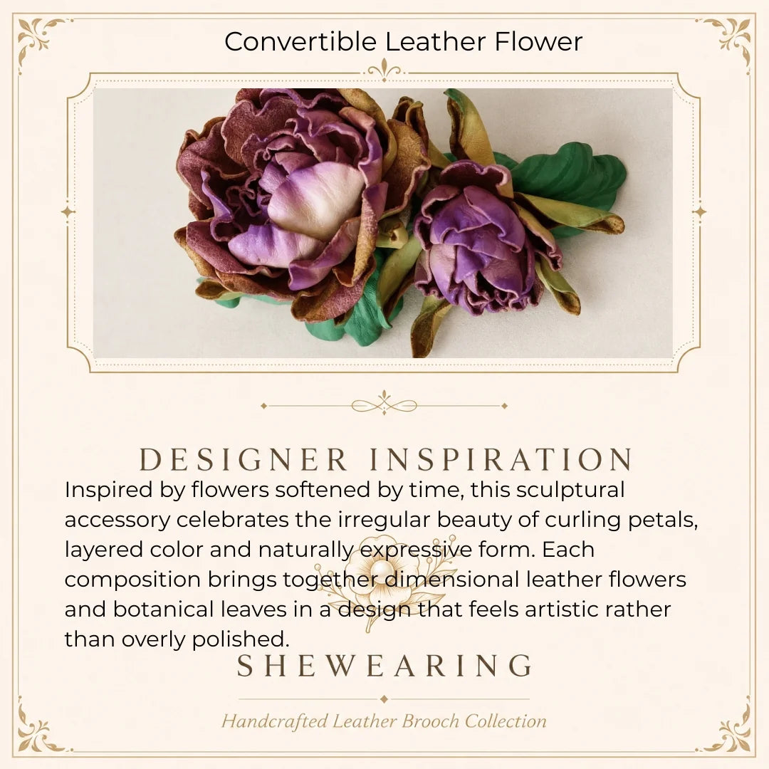 Broche Floral Escultórico de Cuero Convertible Hecho a Mano, Colgante para Bolso y Collar Llamativo – Diseño de Flor Simple o Doble