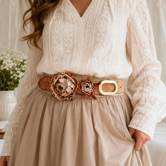 Antique Rose Bloom Leather Floral Waist Belt – Handcrafted Vegetable-Tanned Leather Flower Belt for Dresses, Skirts & Light Outerwear