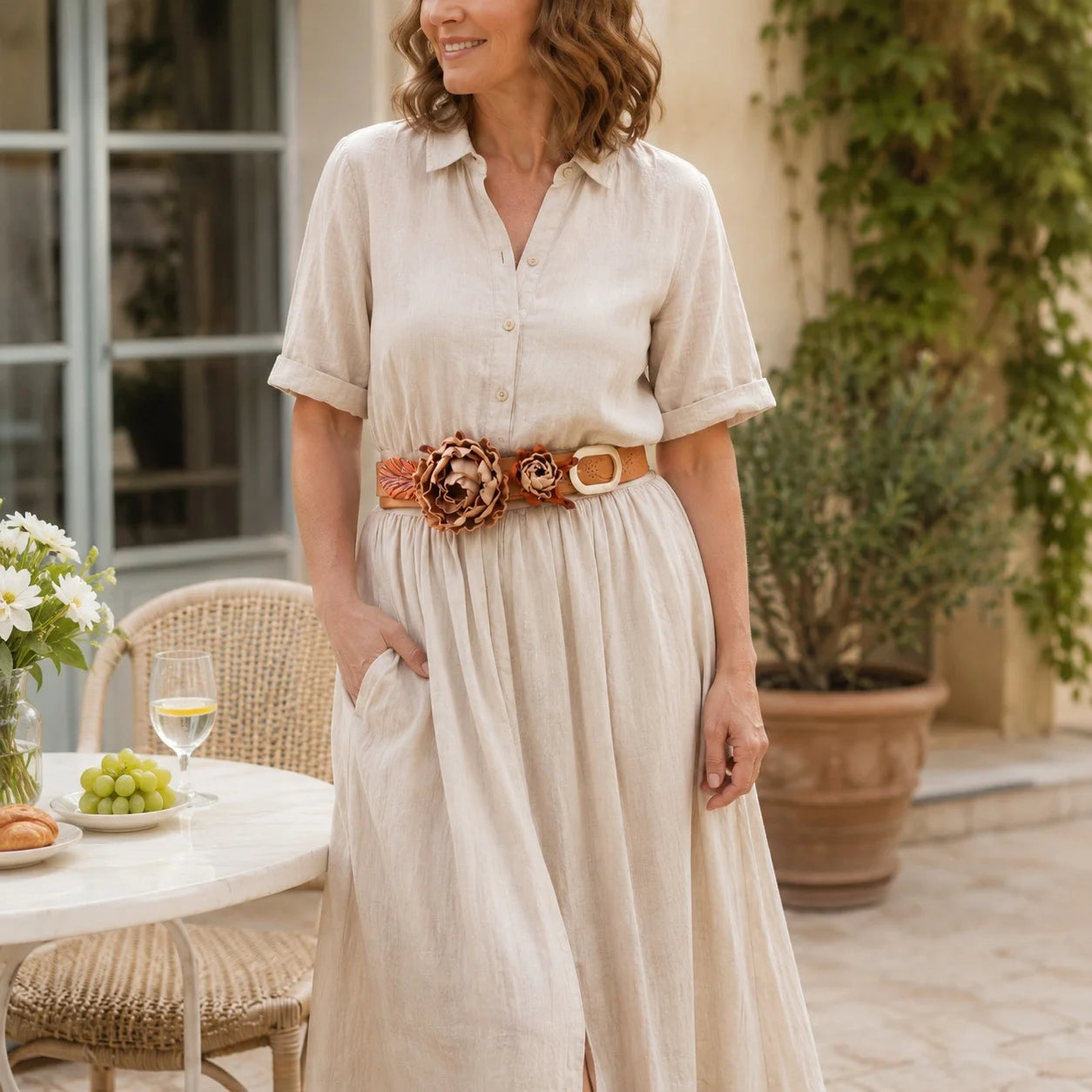 Antique Rose Bloom Leather Floral Waist Belt – Handcrafted Vegetable-Tanned Leather Flower Belt for Dresses, Skirts & Light Outerwear