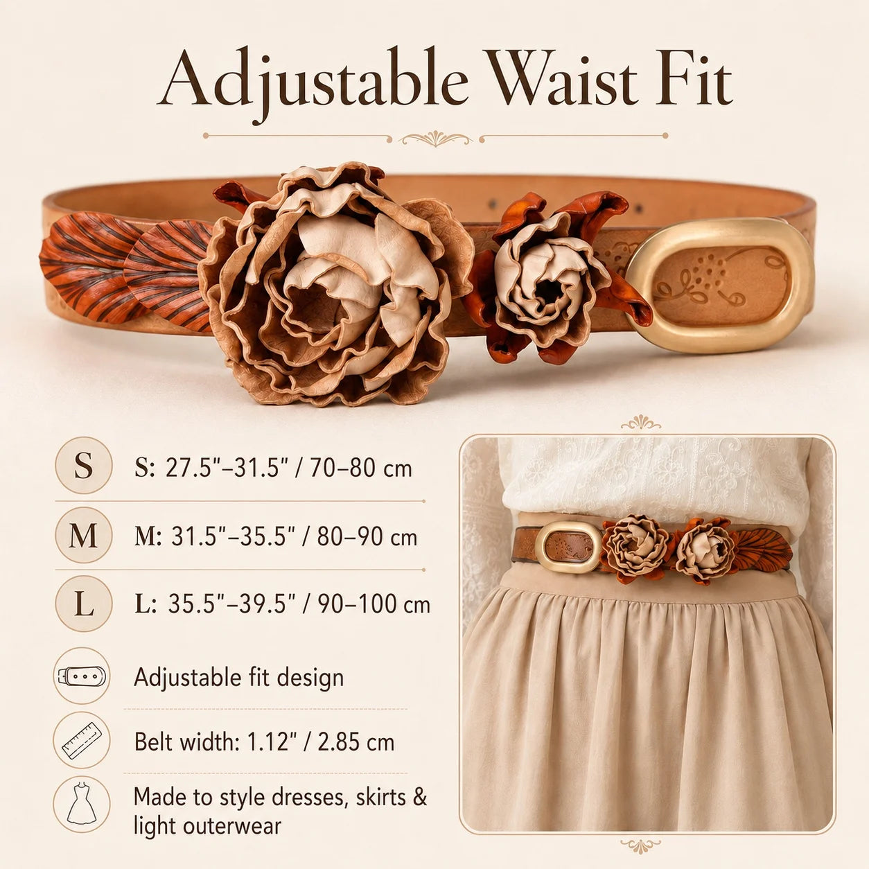 Antique Rose Bloom Leather Floral Waist Belt – Handcrafted Vegetable-Tanned Leather Flower Belt for Dresses, Skirts & Light Outerwear