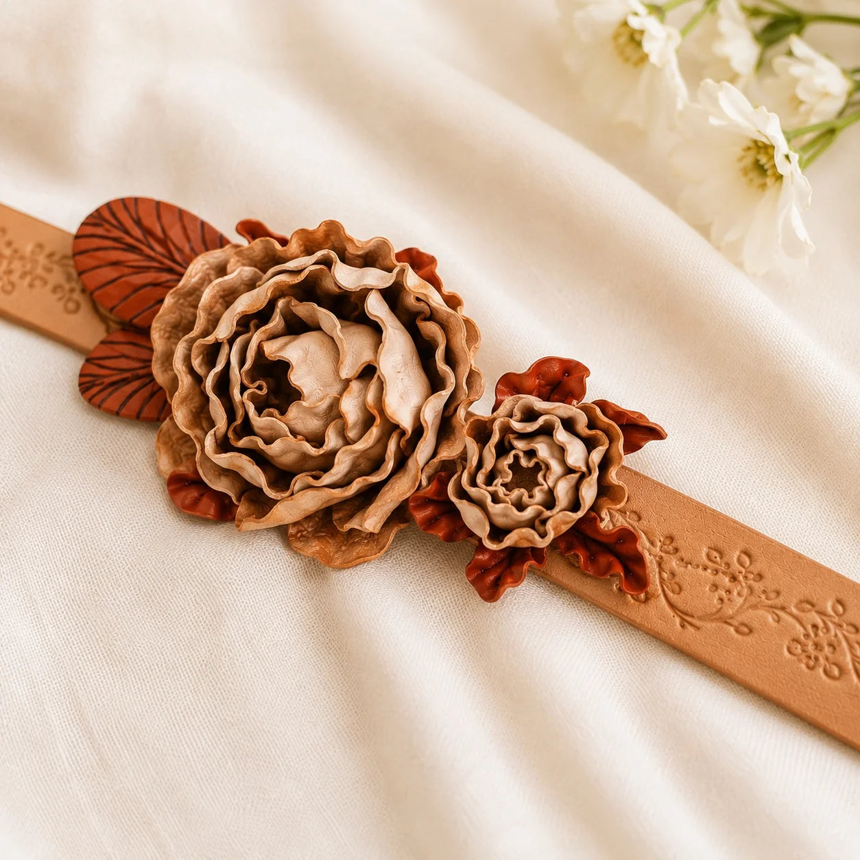 Antique Rose Bloom Leather Floral Waist Belt – Handcrafted Vegetable-Tanned Leather Flower Belt for Dresses, Skirts & Light Outerwear