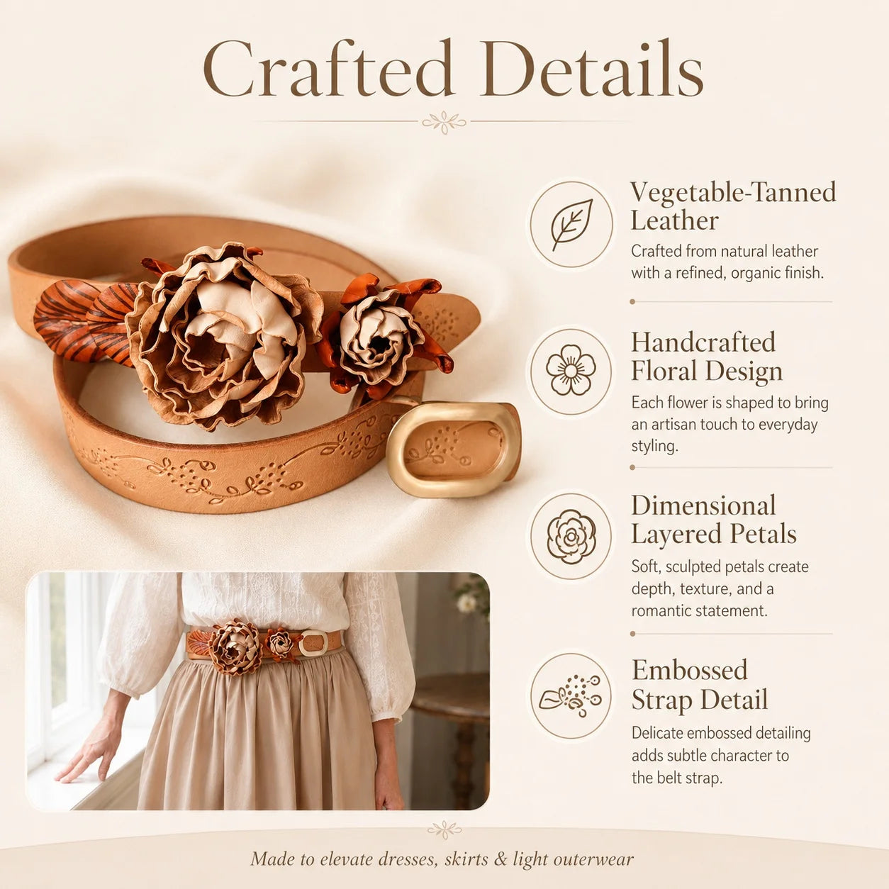 Antique Rose Bloom Leather Floral Waist Belt – Handcrafted Vegetable-Tanned Leather Flower Belt for Dresses, Skirts & Light Outerwear