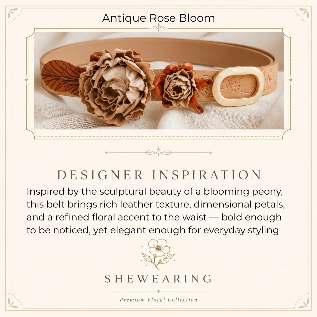 Antique Rose Bloom Leather Floral Waist Belt – Handcrafted Vegetable-Tanned Leather Flower Belt for Dresses, Skirts & Light Outerwear
