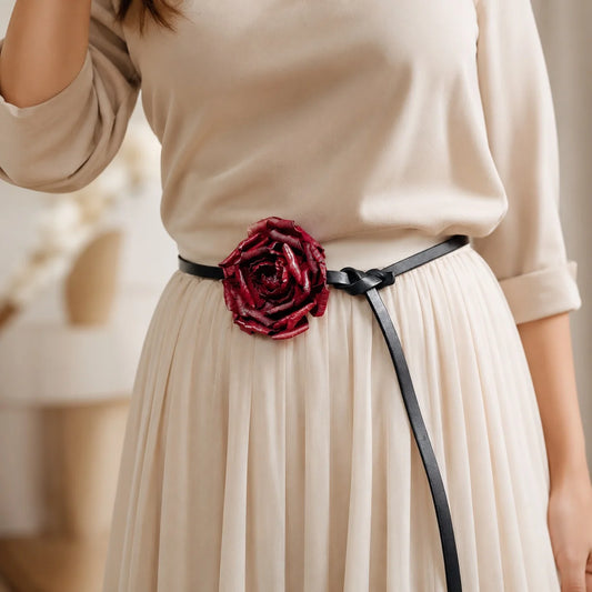 Crimson Peony Bloom Leather Floral Waist Belt – Handcrafted Vegetable-Tanned Leather Flower Tie Belt for Dresses, Skirts & Light Outerwear