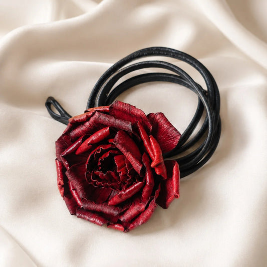 Crimson Peony Bloom Leather Floral Waist Belt – Handcrafted Vegetable-Tanned Leather Flower Tie Belt for Dresses, Skirts & Light Outerwear
