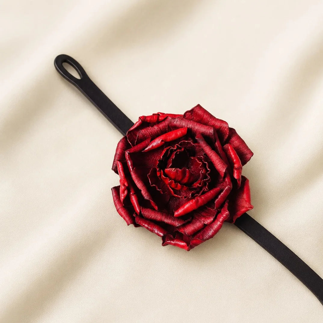Crimson Peony Bloom Leather Floral Waist Belt – Handcrafted Vegetable-Tanned Leather Flower Tie Belt for Dresses, Skirts & Light Outerwear